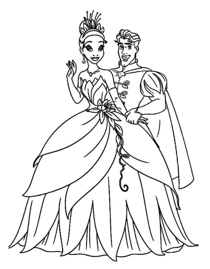 Princess tiana with prince naveen coloring page