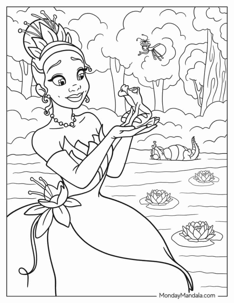 Princess the frog coloring pages free pdf printables