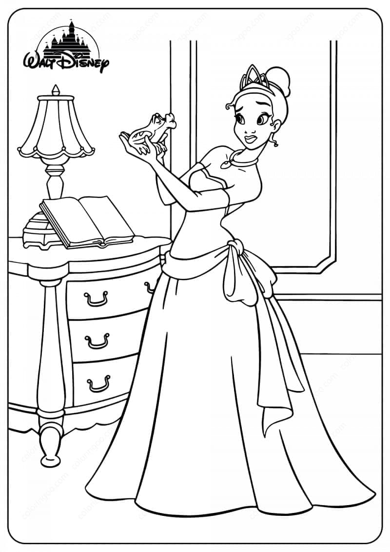 Tiana and a frog coloring page