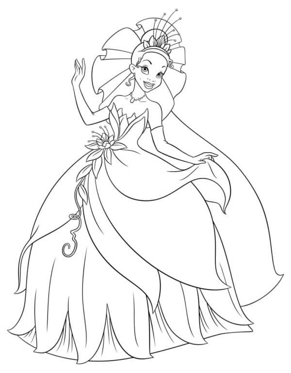 Princess tiana with flowers coloring page