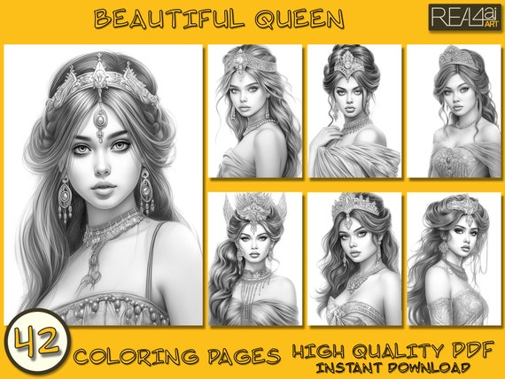 Beautiful queen with tiara coloring pages pdf book adults kids instant download grayscale coloring page printable pdf ipad coloring