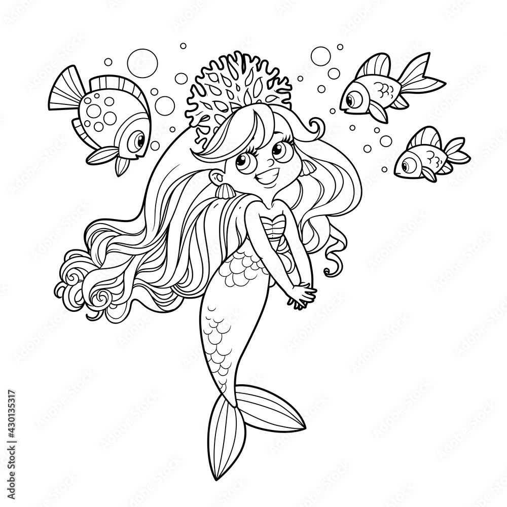 Cute coquettish mermaid girl in coral tiara speaks with fish outlined for coloring page isolated on white background vector