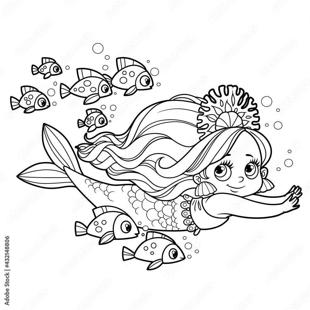 Cute little mermaid girl in coral tiara swims with a school of fish outlined for coloring page isolated on white background vector