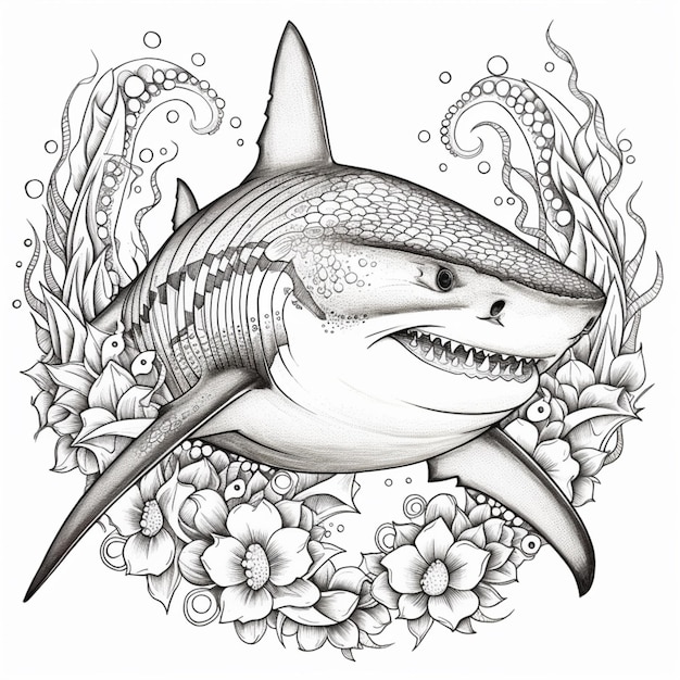 Un dibujo de un tiburãn con una boca grande y una flor ai generativa foto premium