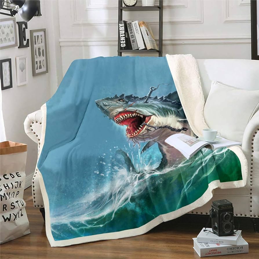 Castle fairy fierce manta grande de franela de tiburãn para sofã cama ocãano monstruo tiburãn sherpa cobija de sangre de la boca de tiburones y peces de tamaão x cm