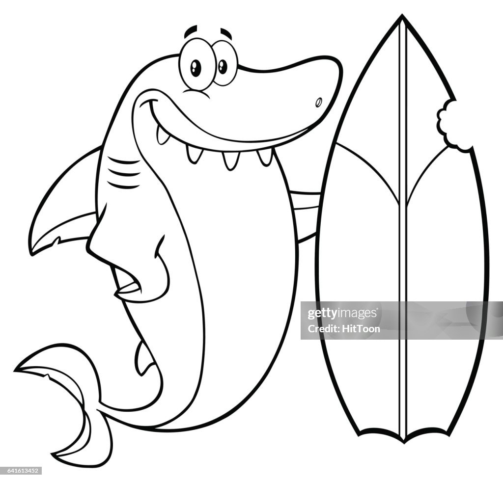 Blanco y negro sonriente personaje de mascota de dibujos animados de tiburones con tabla de surf ilustraciãn de stock