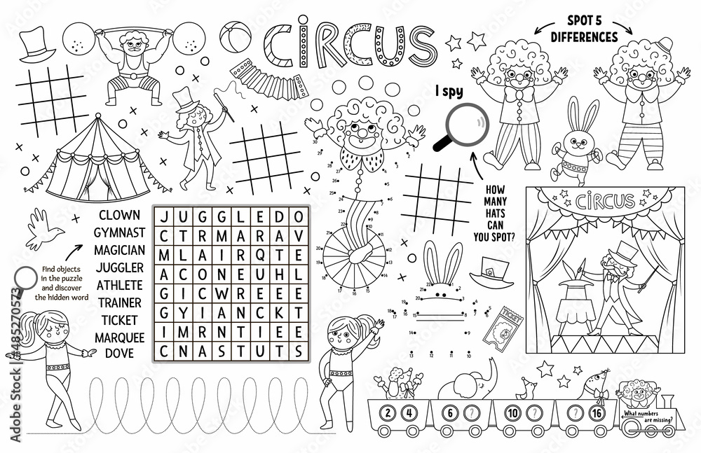 Vector circus placemat for kids amusement show printable activity mat with maze tic tac toe charts connect the dots find difference black and white play mat or coloring page with clown