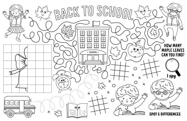 Vector back to school placemat for kids fall printable activity mat with maze tic tac toe charts connect the dots crossword black and white autumn play mat or coloring page with teacher