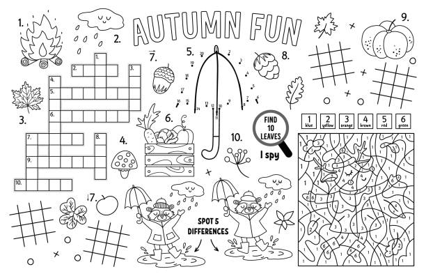 Vector autumn placemat for kids fall printable activity mat with maze tic tac toe charts connect the dots find difference crossword black and white play mat or coloring page with animals stock