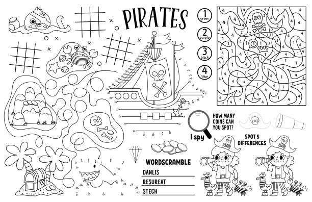 Vector pirate placemat for kids treasure hunt printable activity mat with maze tic tac toe charts connect the dots find difference sea adventure black and white play mat or coloring page stock