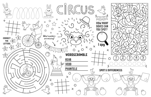 Premium vector vector circus placemat for kids amusement show printable activity mat with maze tic tac toe charts connect the dots find difference black and white play mat or coloring page