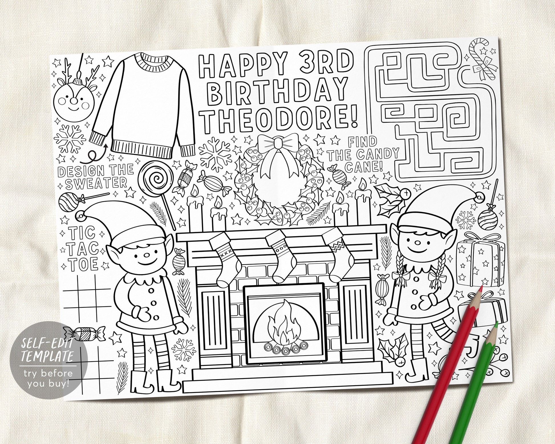 Elf birthday coloring page placemat for kids editable template person â puff paper co