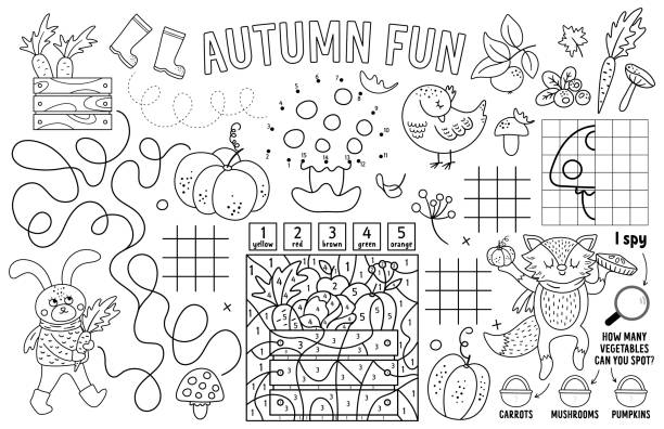 Vector autumn placemat for kids fall printable activity mat with maze tic tac toe charts connect the dots find difference crossword black and white play mat or coloring page with animals stock