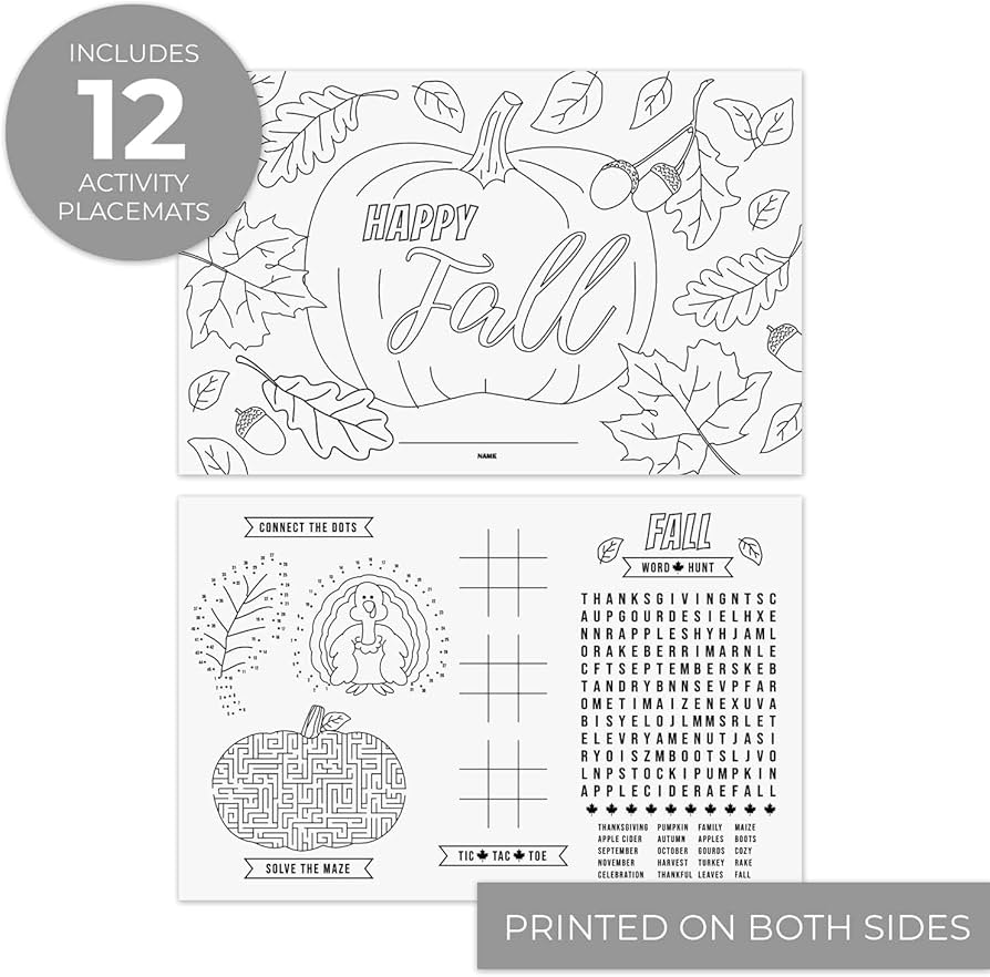 Thanksgiving coloring activity placemats happy fall coloring sheets x double sided kids fall holiday drawing paperdisposable placematsmade in the usa home kitchen