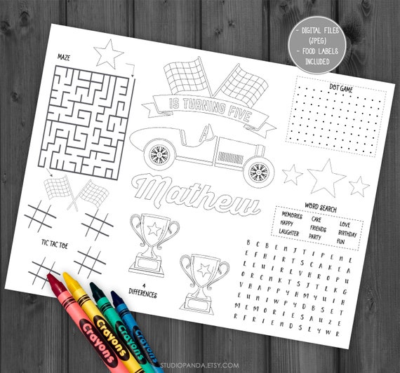 Race car activity and coloring pages personalized racing activity car game car birthday party vintage car retro car racing raceway