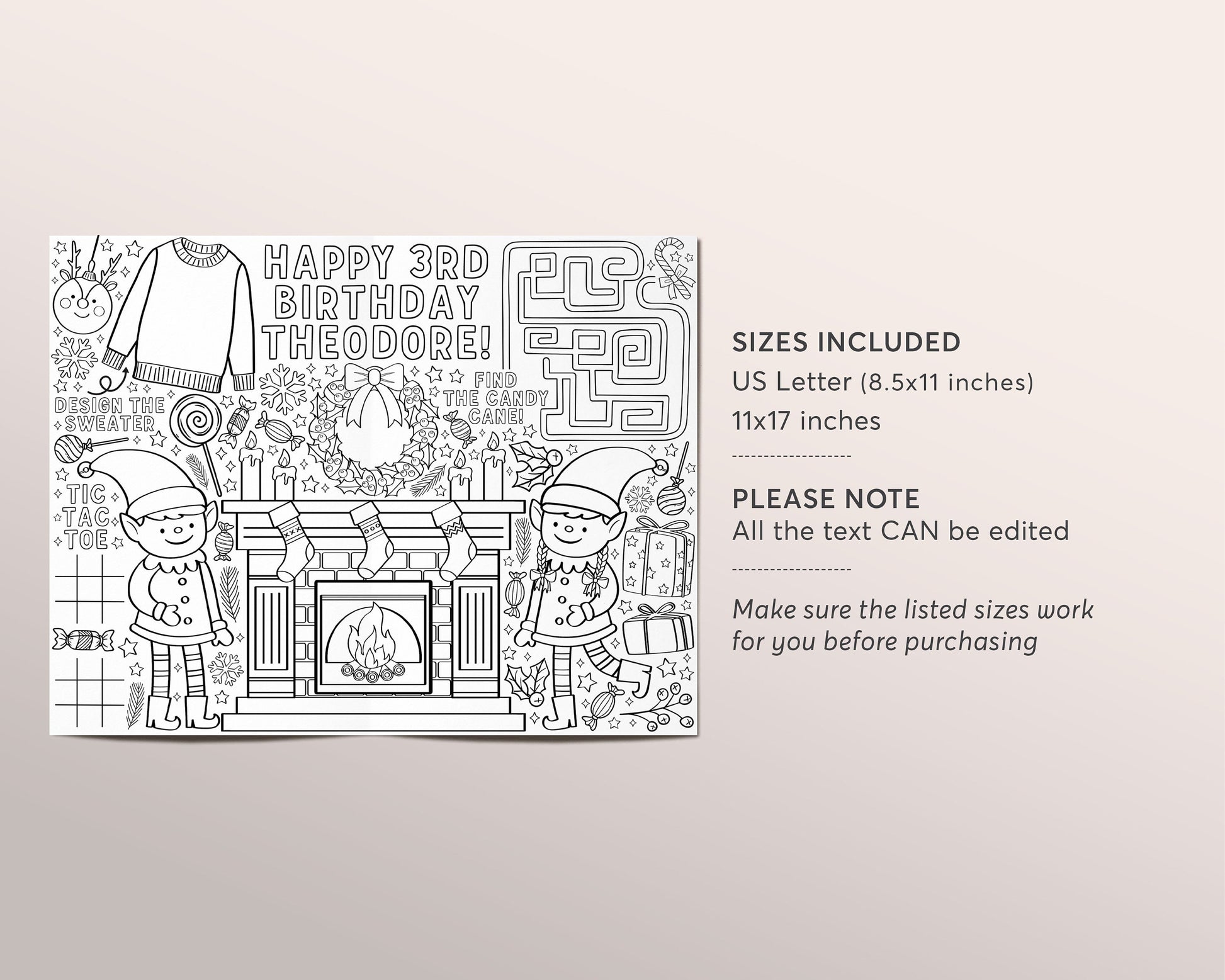 Elf birthday coloring page placemat for kids editable template person â puff paper co