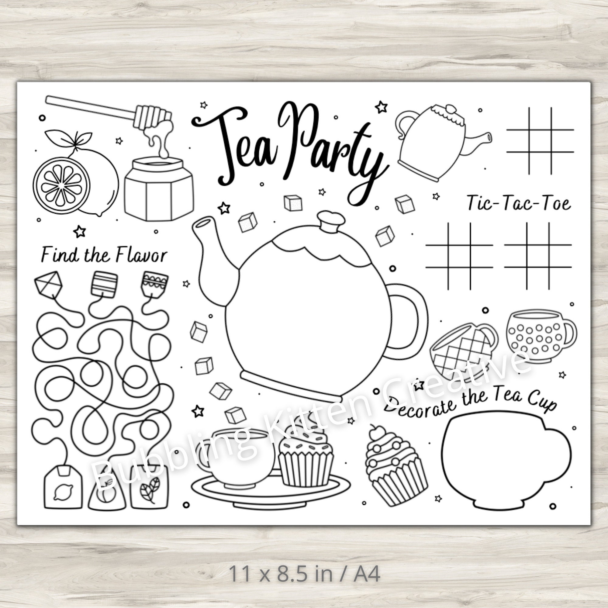 Kids tea party activity coloring sheet tea party printable party decoration download now