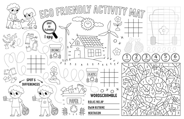 Premium vector vector ecological placemat for kids eco awareness printable activity mat with maze tic tac toe charts connect the dots find difference earth day black and white play mat or