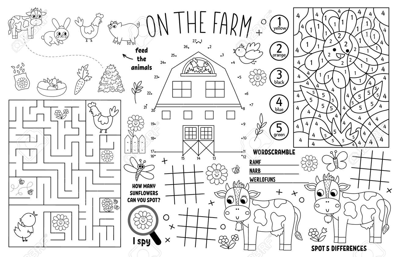 Vector on the farm placemat for kids country farm printable activity mat with maze tic tac toe charts connect the dots find difference farmhouse black and white play mat or coloring page