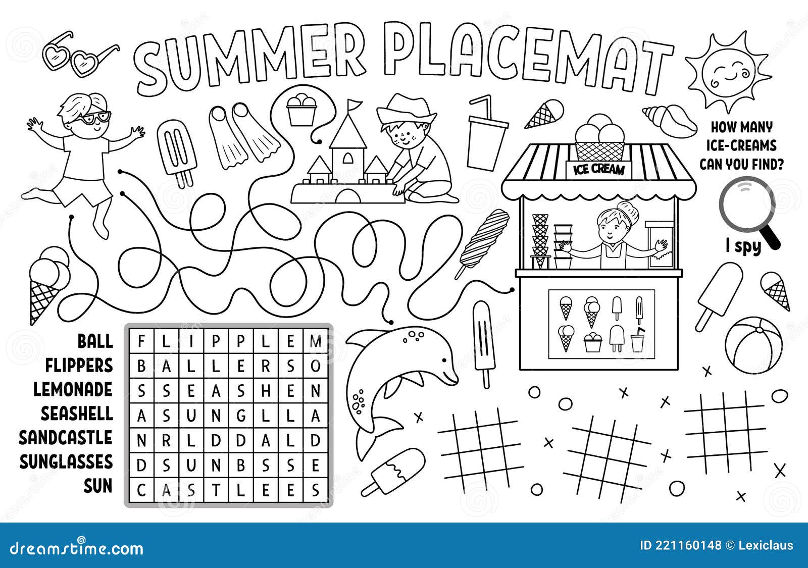 Vector summer placemat for kids beach holidays printable activity mat with wordsearch tic tac toe charts maze stock vector