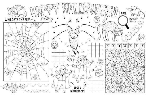 Premium vector vector halloween placemat for kids fall holiday printable activity mat with maze tic tac toe charts connect the dots find difference black and white autumn play mat or coloring