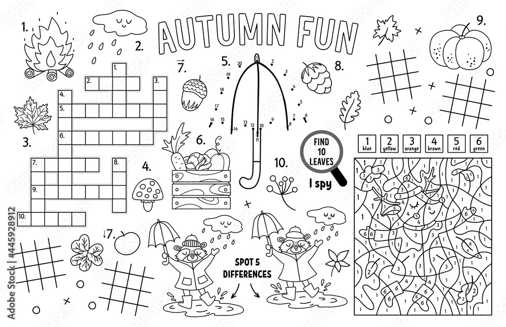 Vector autumn placemat for kids fall printable activity mat with maze tic tac toe charts connect the dots find difference crossword black and white play mat or coloring page with animals