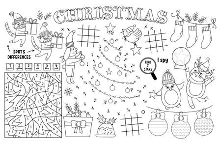 Vector christmas placemat for kids winter holiday printable activity mat with maze tic tac toe charts connect the dots find difference black and white new year play mat or coloring page ù ùùø