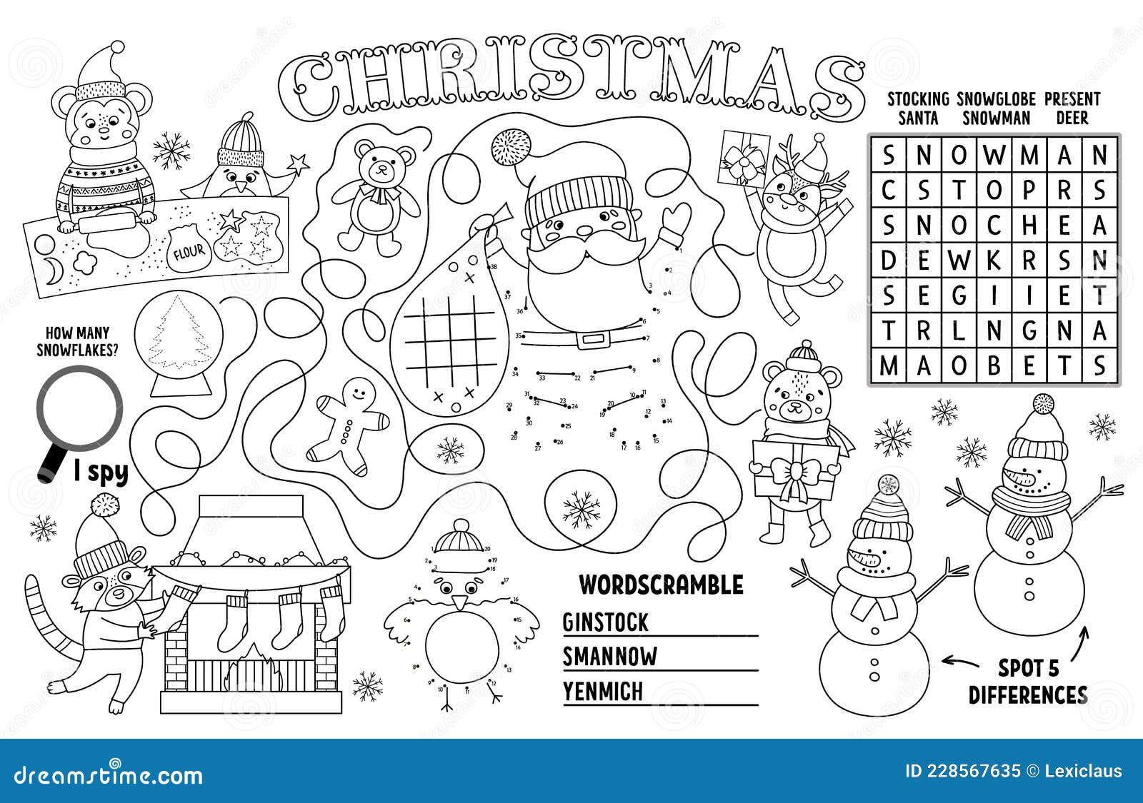 Vector christmas placemat for kids winter holiday printable activity mat with maze tic tac toe charts connect the dots find stock vector