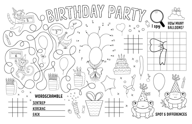 Premium vector vector happy birthday placemat for kids holiday party printable activity mat with maze tic tac toe charts connect the dots find difference black and white play mat or coloring