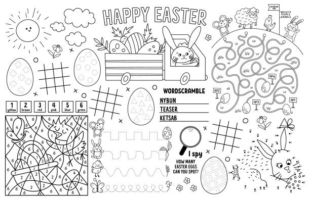 Vector easter placemat for kids spring holiday printable activity mat with maze tic tac toe charts connect the dots find difference black and white play mat or coloring page stock illustration