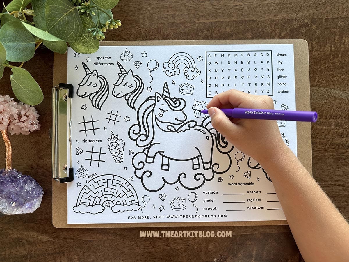 Unicorn placemat activity sheet for kids free printable â the art kit