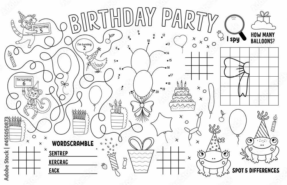 Vector happy birthday placemat for kids holiday party printable activity mat with maze tic tac toe charts connect the dots find difference black and white play mat or coloring page vector