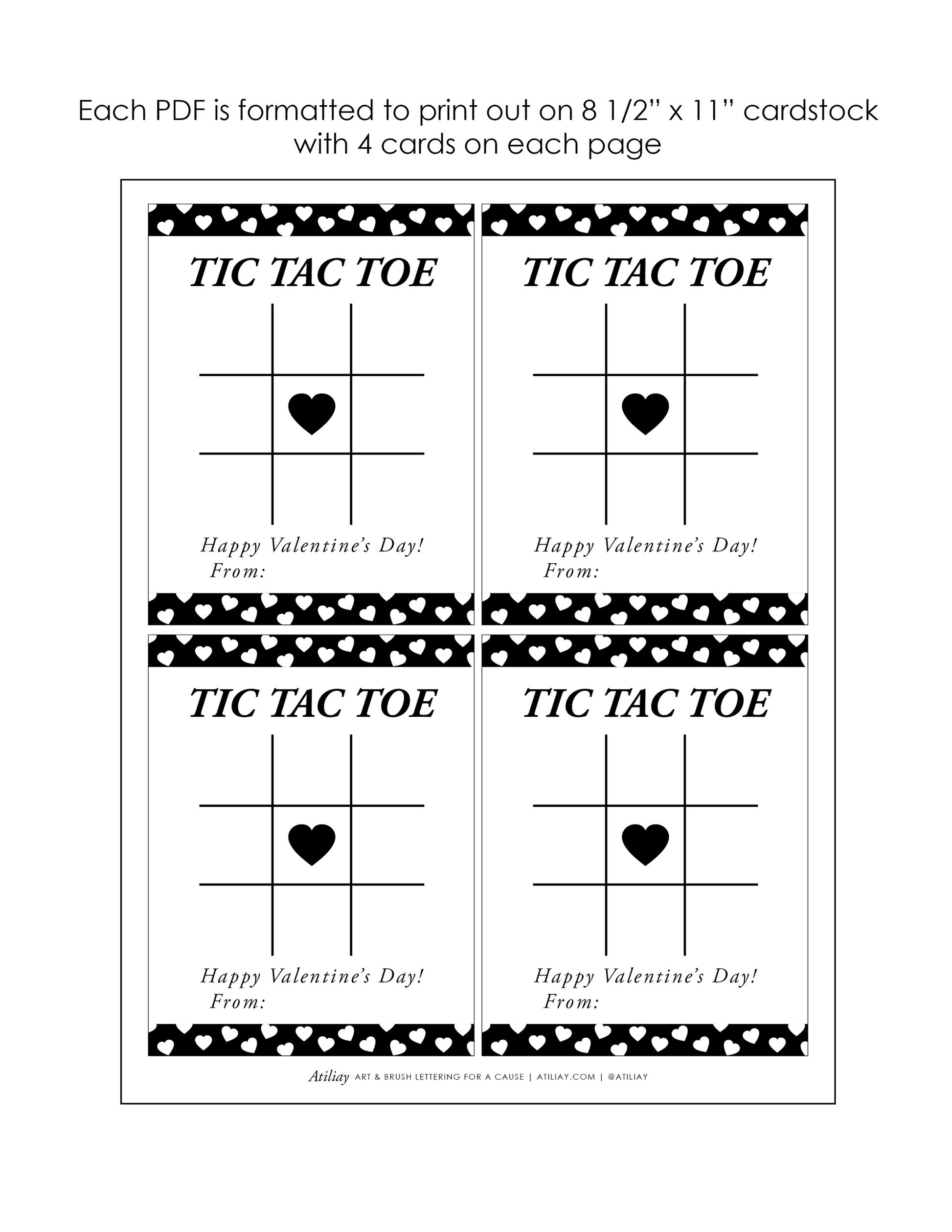 Tic tac toe classroom valentine card heart design