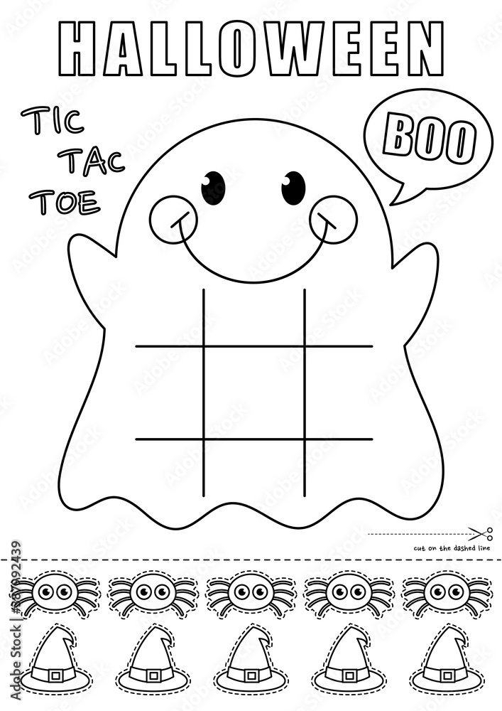 Halloween ghost tic tac toe printable game coloring page vector