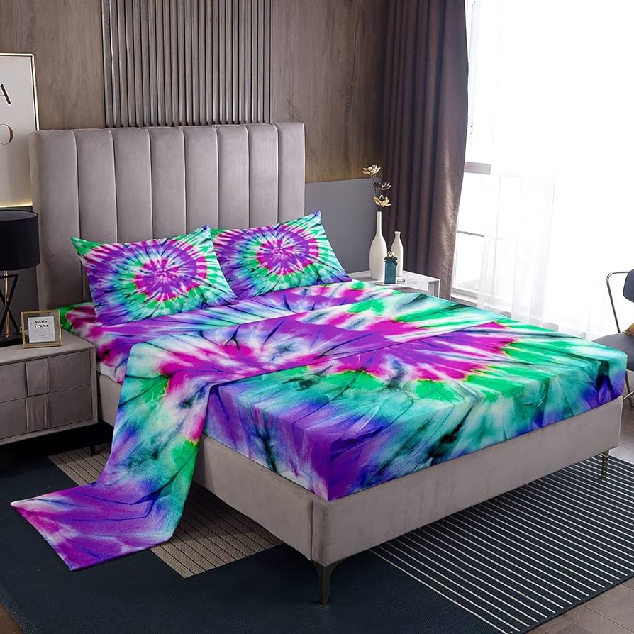 Feelyou boho tie dye sheet set purple teal bohemian gypsy bed sheets spiral tie dye fitted sheet piece bedding includes sheets flat sheet pillowses wrinkle fade resistant full home