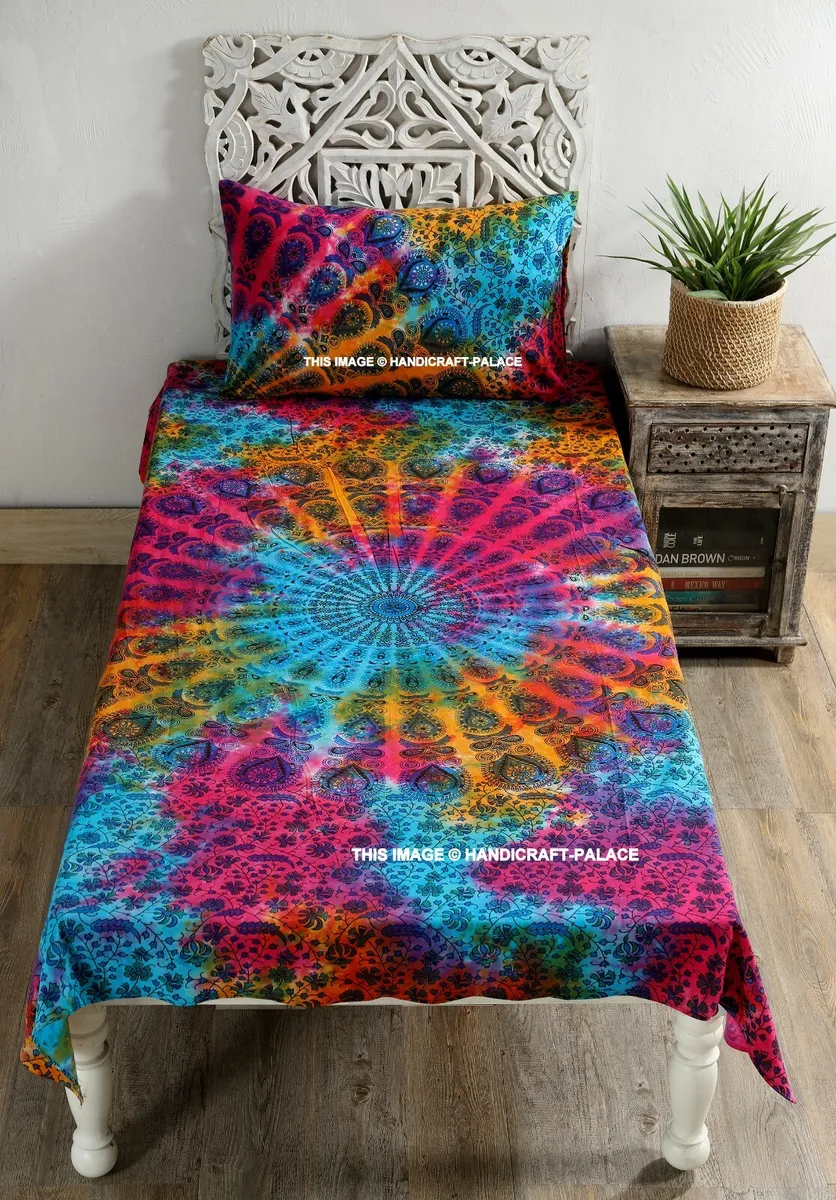 Tie dye peacock mandala printed pure cotton twin size bed sheet pillow throw