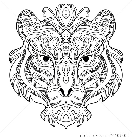 Tangle tiger coloring book page for adult