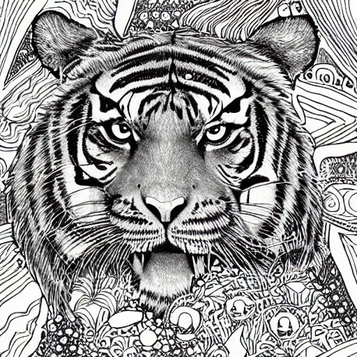 A tiger surrounded by the universe wide shot coloring page ill