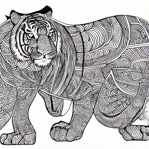 A tiger surrounded by the universe wide shot coloring page ill