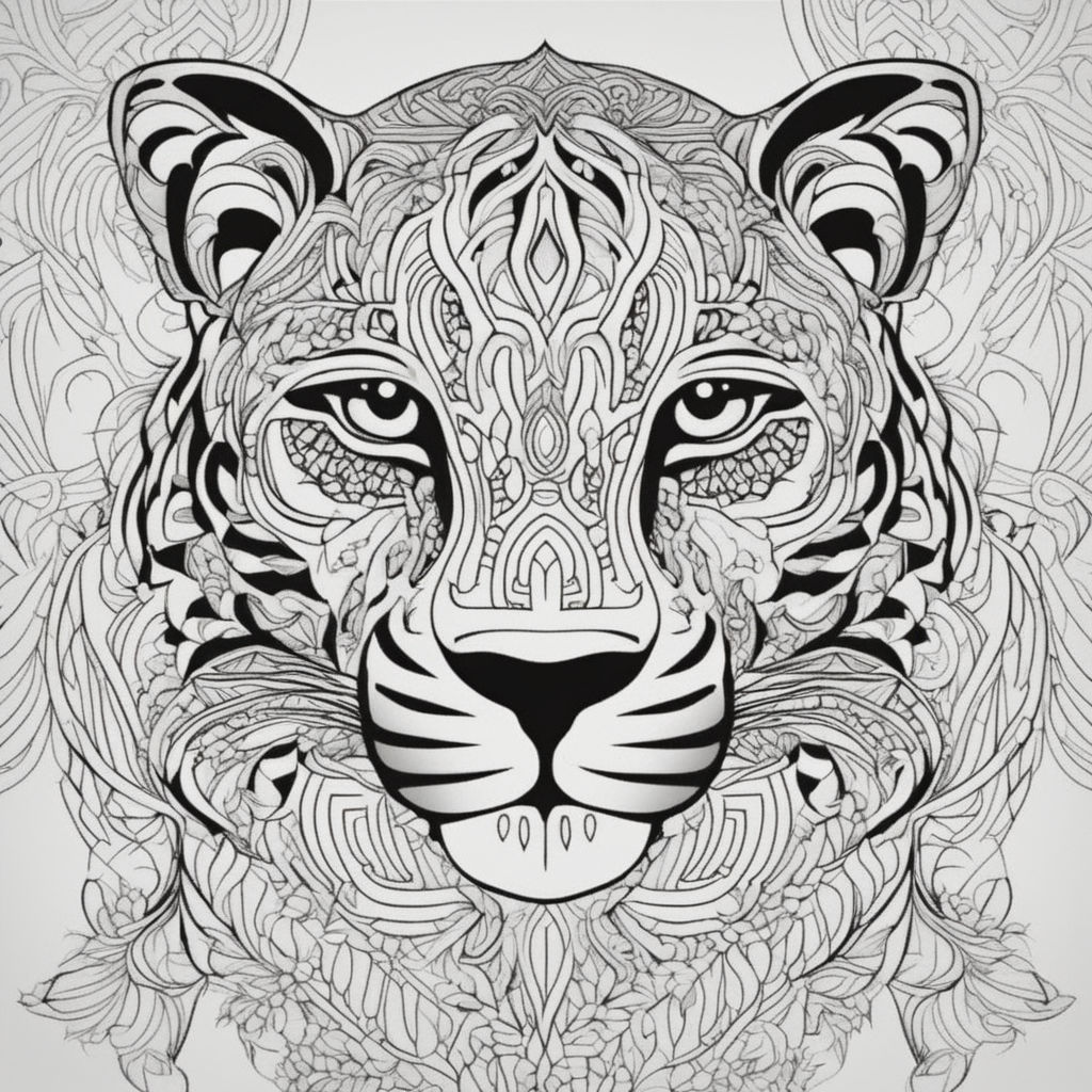 Black and white line art drawing for a coloring book of a tiger in a jungle