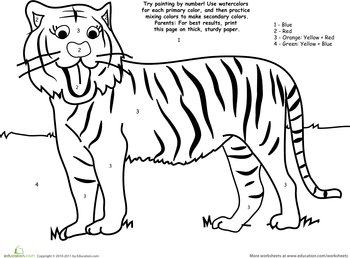 Watercolor paint by number tiger worksheet education tiger drawing preschool colors coloring pages for kids