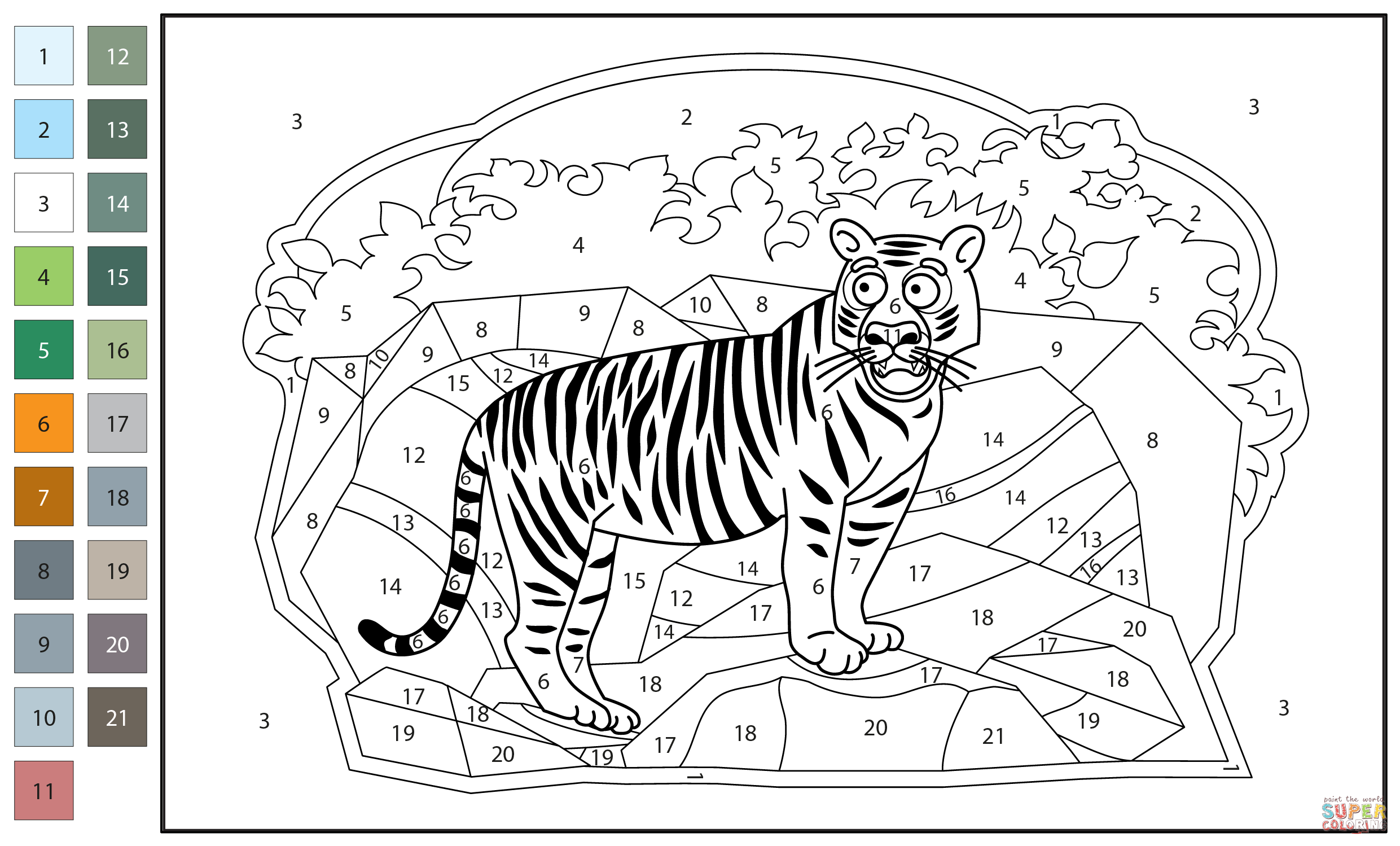 Tiger color by number coloring page free printable coloring pages