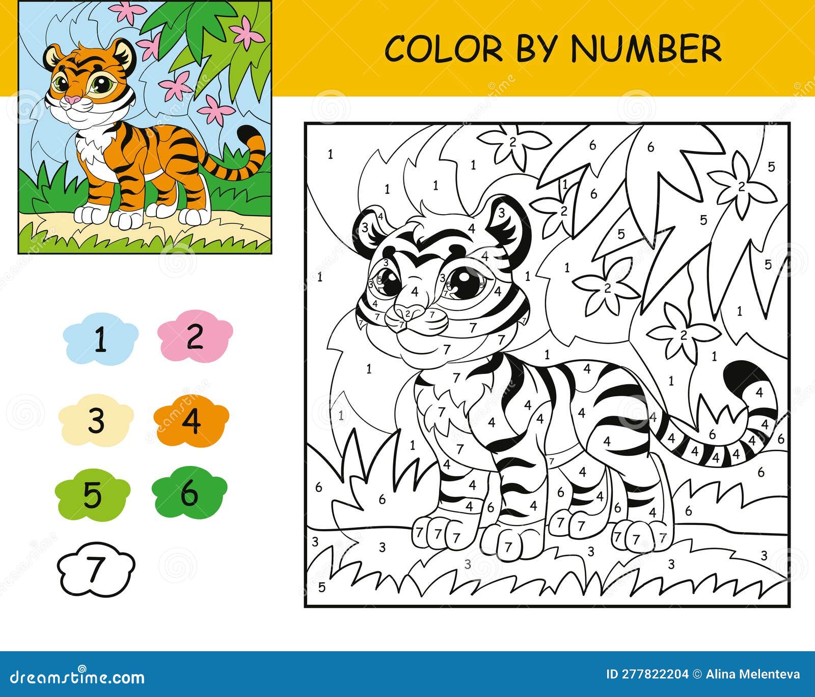 Kids coloring by number cute tiger vector illustration stock illustration