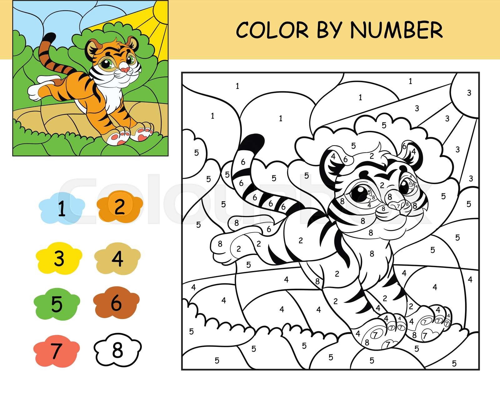 Kids coloring by number running tiger vector illustration stock vector