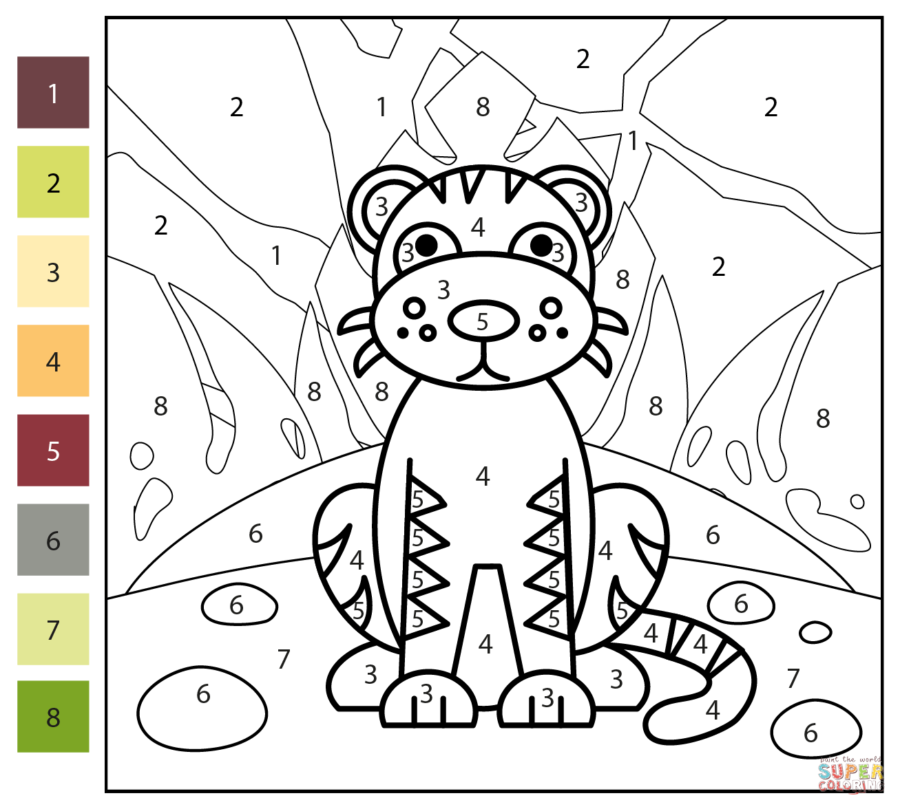 Tiger color by number free printable coloring pages