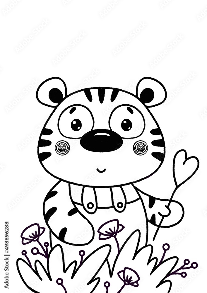 Cute cartoon tiger character outline simply easy coloring page for kids contour drawing characters nursery design elements for poster cards coloring book illustration