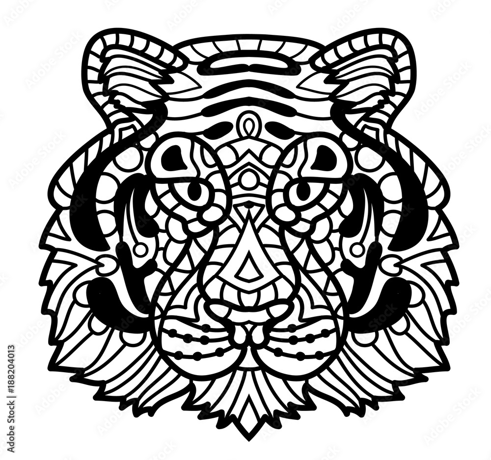 Vector tiger zentangle tiger face illustration tiger head print for adult anti stress coloring page vector