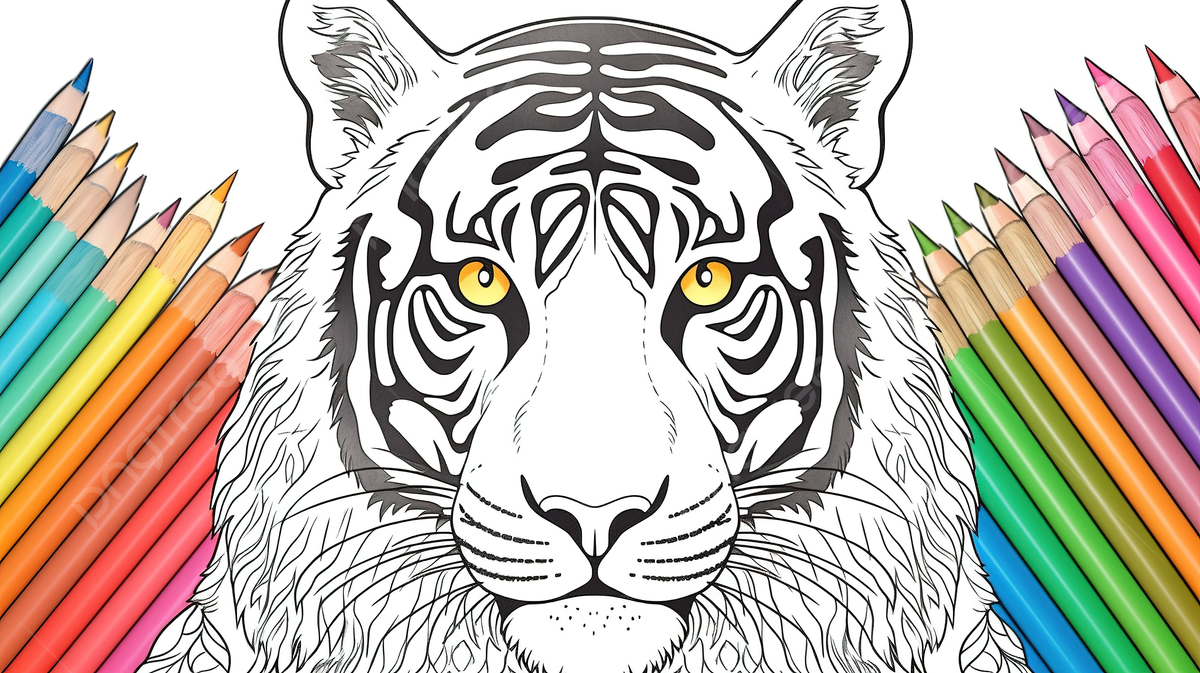 The tiger face coloring book with colorful pencils in front of it background tiger coloring pictures animal wildlife background image and wallpaper for free download