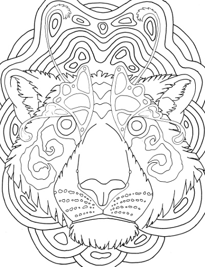 Tiger face mandala coloring page for adults