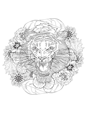 Premium vector tiger and flower frame hand drawn mandala coloring pages for adults and kids coloring book